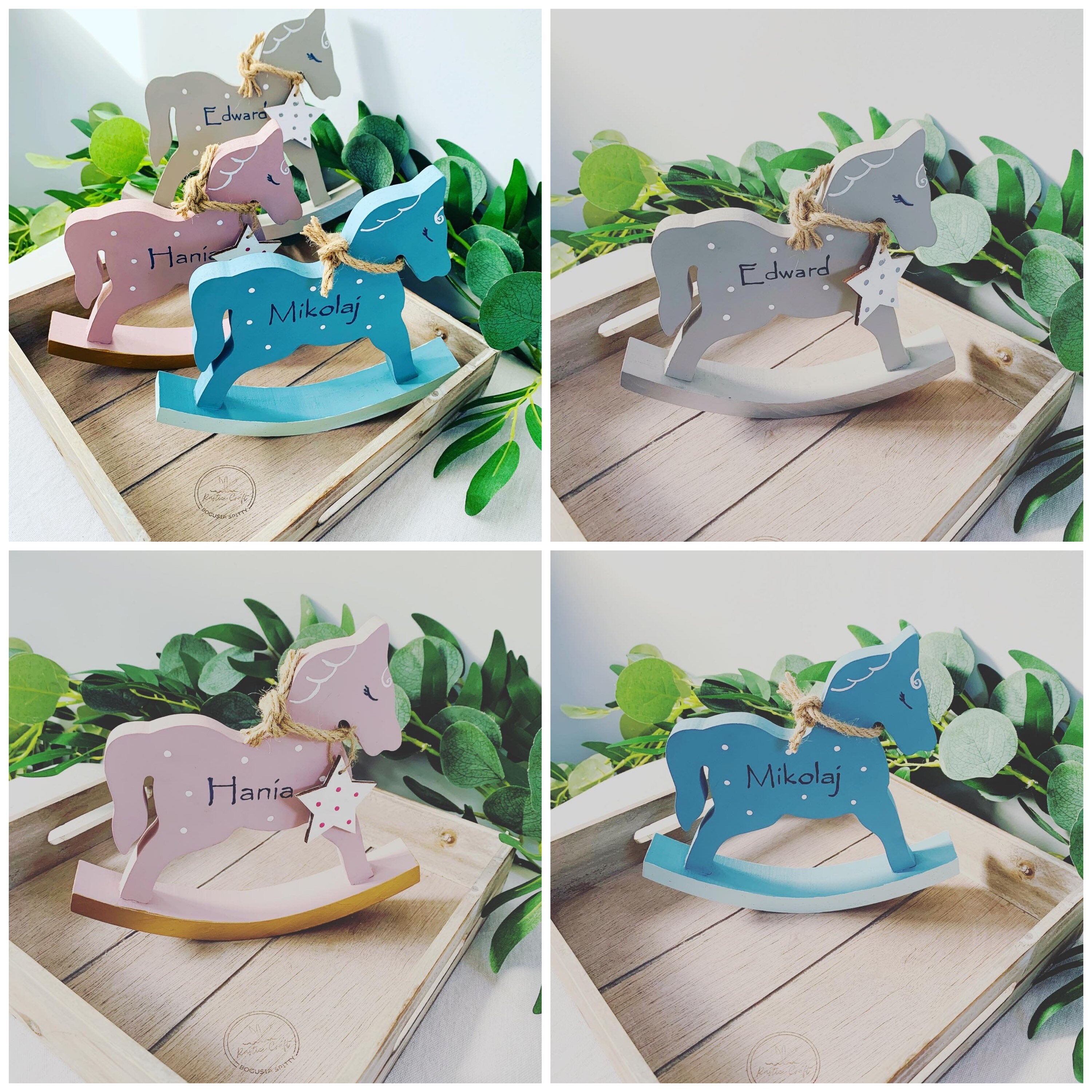 Personalised Pink Blue Grey Rocking Horse, Baby Decoration, Child