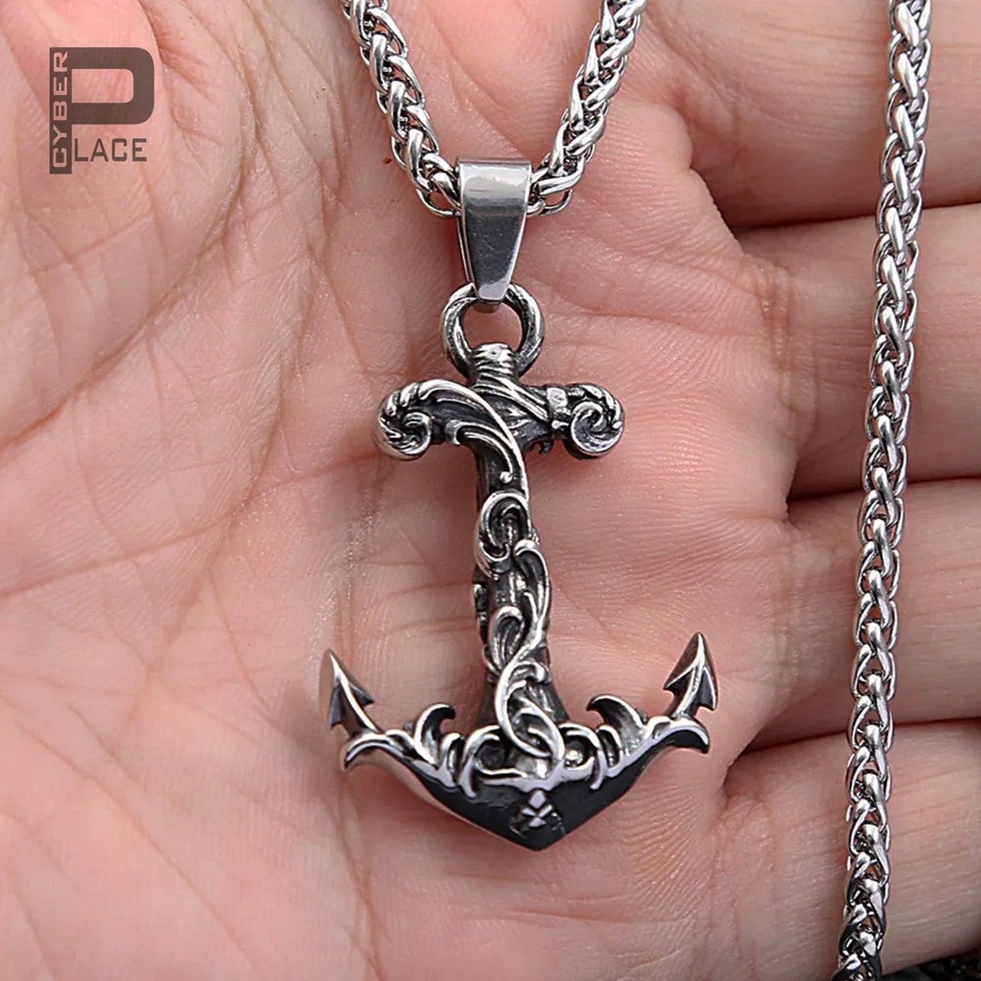 Vintage Engraved Stainless Steel Anchor Necklace for Men Etsy