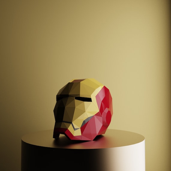 IRON MAN Marvel Legends Series Superhero Cosplay HELMET, Red and Golden Paper Craft Lowpoly 3D Model Template in pdf & svg format cricut