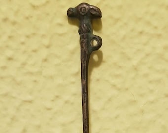 Tupu, Inca Tupus, pre-Columbian bronze artifact, cloak pin, Vicuña head terminal. Andes, Bolivia area