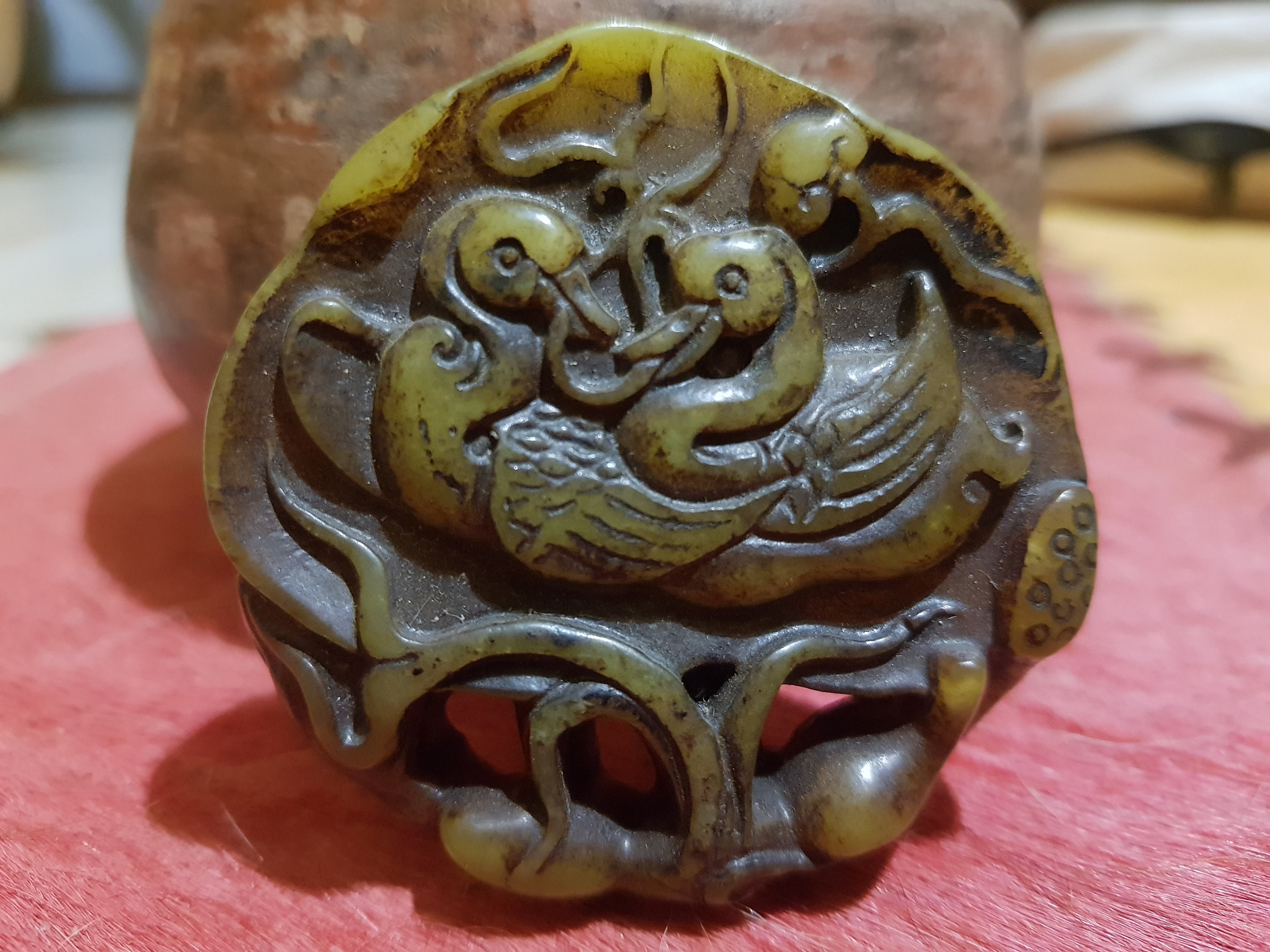 Beautiful Yellow Carved Jade Amulet, Talisman, Pair of Ducks, Bat and Lotus Flower, Beautiful Patina, Vintage or Antique??
