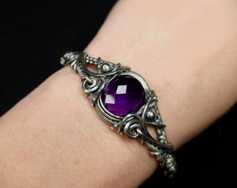 Sterling Silver Half Cuff Amethyst Bracelet. Wire Wrapped, gifts for her, birthday gifts, silver bracelet.