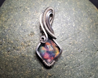 Aurora Opal Pendant Wire Wrapped in Aged Sterling Silver (not natural) **small flaw in stone, see description**