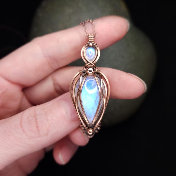 Copper Rainbow Moonstone Wire Wrapped Pendant.