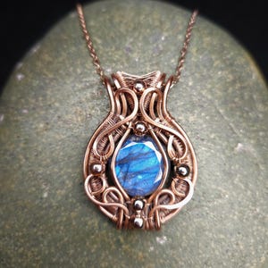 Copper Wire Wrapped Labradorite Pendant.