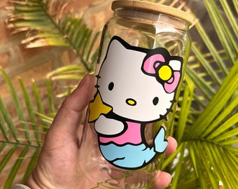 Vaso de café helado con tapa y pajita de sirena y gato kawaii