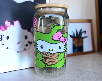 Vaso de cristal esmerilado de Grinch Kitty: Merchandising navideño kawaii (16 oz)