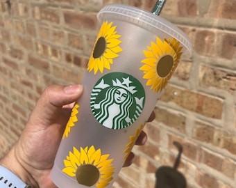 Personalized Sunflower Starbucks Venti Cold Cup - Black Reusable Cup
