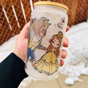Belle and Beast Glass Can: 16oz Libbey Coffee Cup with Bamboo Lid