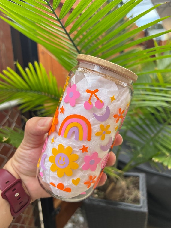 Retro & Groovy Flowers Aesthetic Beer Can Shaped Glass Cute 