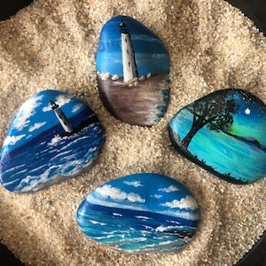 Nature Themed Painted Rocks, Seascape Painted Rocks, Hand Painted Rocks, Scenic Nature Painted Rocks