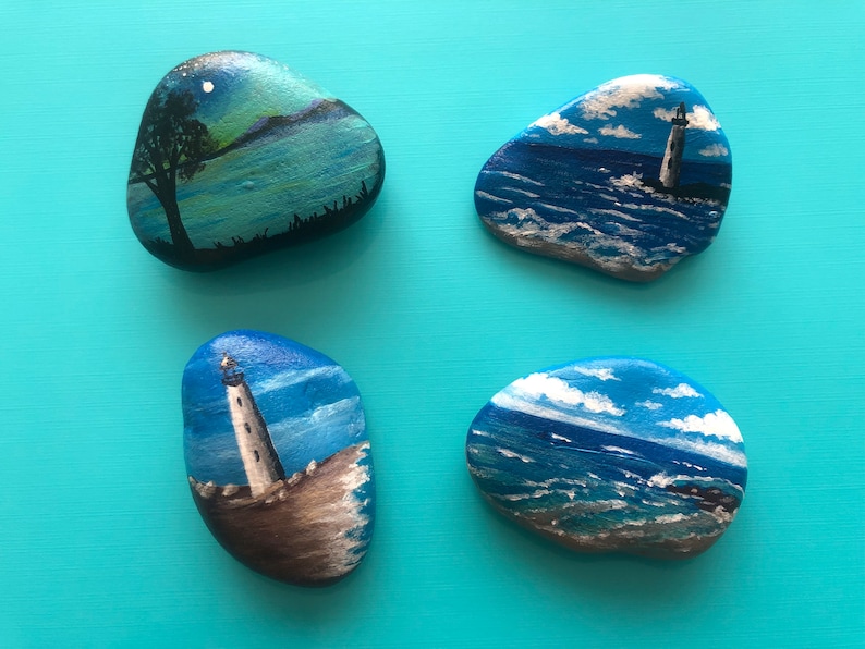 Nature Themed Painted Rocks, Seascape Painted Rocks, Hand Painted Rocks ...