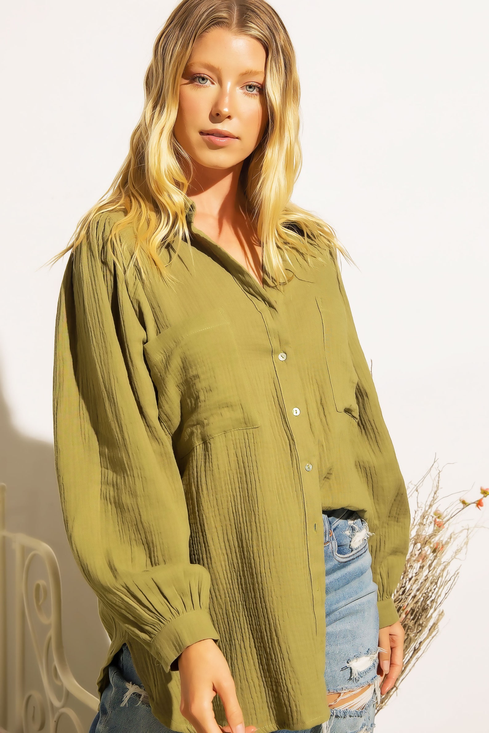 Embroidered Puff Sleeve Double Gauze Top main image 1