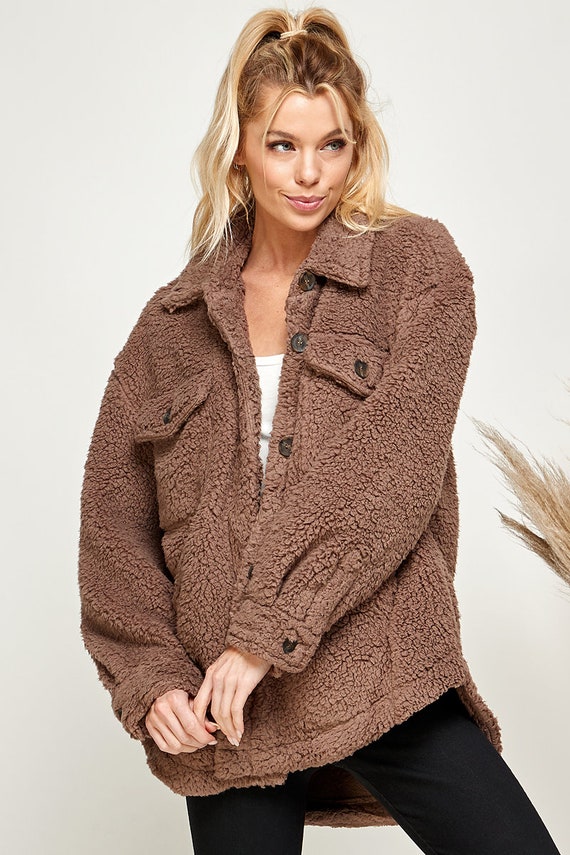 Sherpa Fleece Teddy Coat Shirt Jacket, Shacket, Front Flap Pocket, Winter Women Jacket