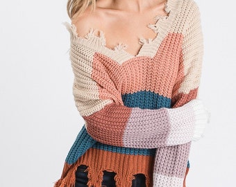 Oversized Distressed Colorblock Sweater 