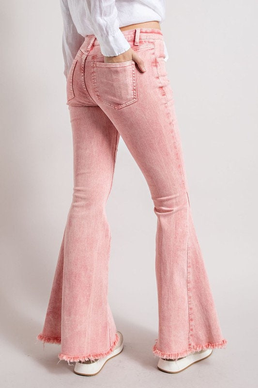 Made in USA Mid-Rise Black Bell Bottom Jeans with Beige Fringe & Stud Detail