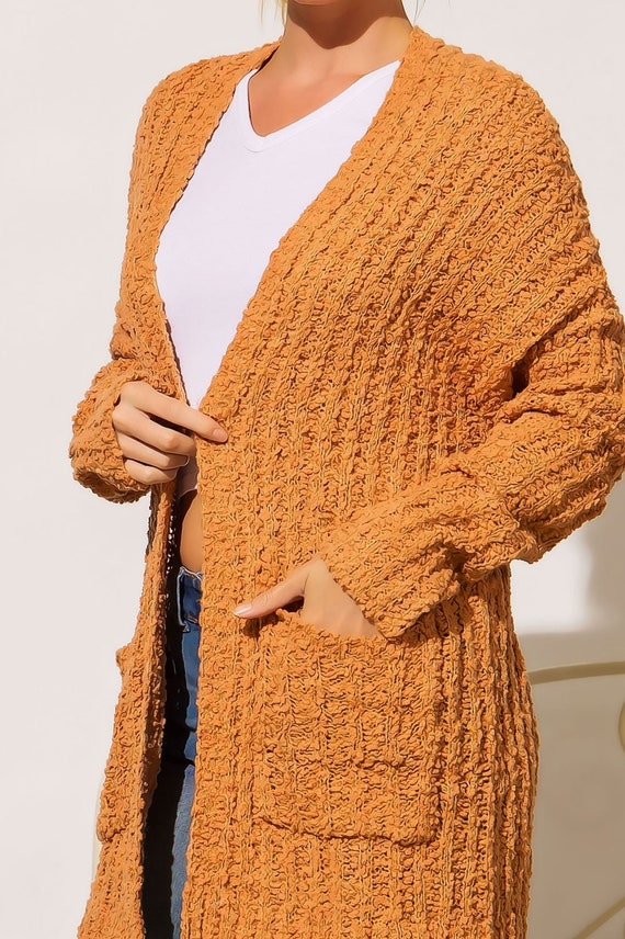JAAMLAB Full Body Maxi Length Duster Cardigan, Vertical Ribbed Knit Popcorn Cardigan
