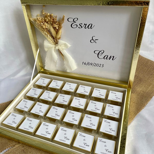 Boîte de chocolat personnalisée avec mini bouquet, fiançailles, Söz, Nişan, cadeau invité