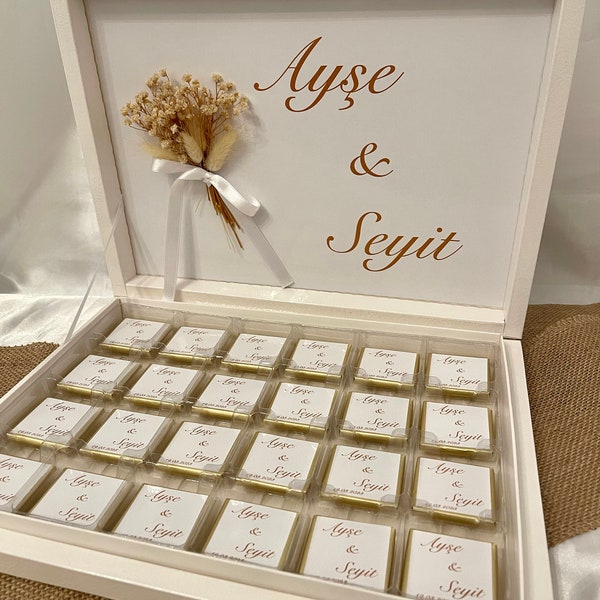 Personalized chocolate box with mini bouquet, engagement, wedding, guest gifts