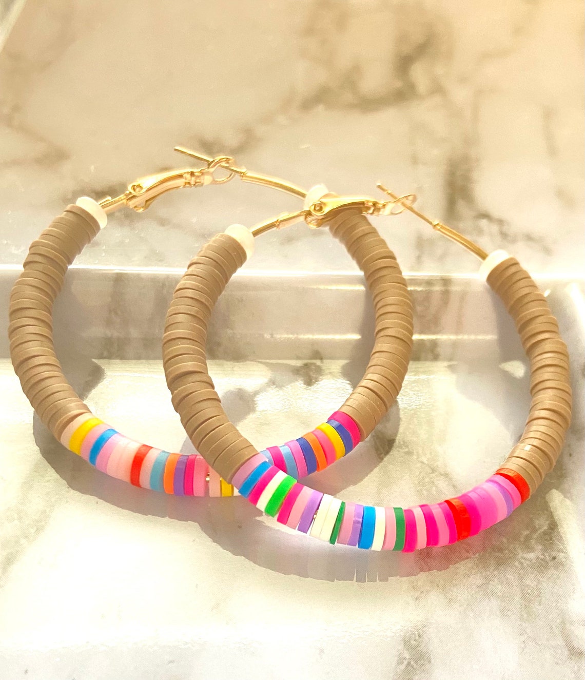 Heishi Bead Hoop Earrings Polymer clay beads earrings large Etsy