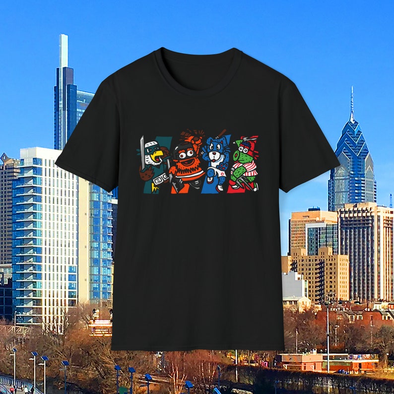 Philly Mascots Turtles Flyers Gritty, Phillies Phanatic, Eagles Swoop, 76ers Franklin Parody Philadelphia Sports Shirt image 1