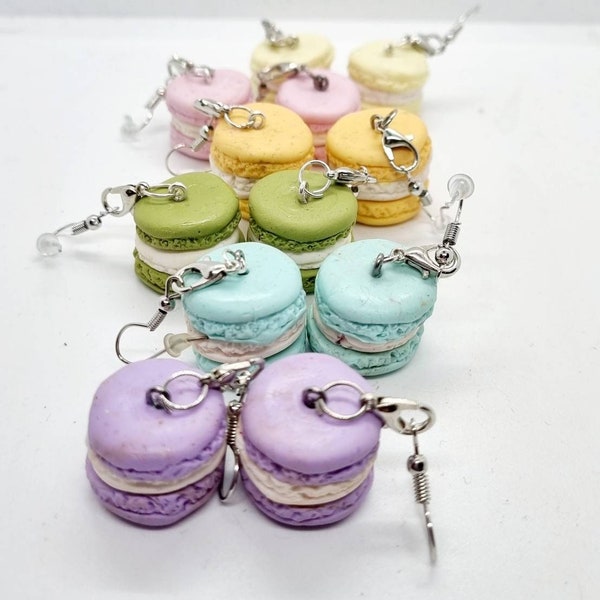 Boucles d'oreilles macarons mignonnes, boucles d'oreilles en argile polymère, faites à la main à partir d'argile polymère, nourriture miniature, boucles d'oreilles kawaii, boucles d'oreilles bonbons avec crochets d'oreilles en acier inoxydable