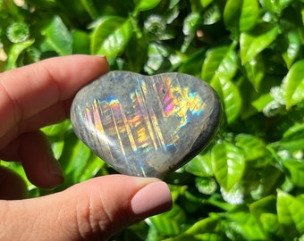 Rainbow Labradorite Heart Carving with Rainbow Flash