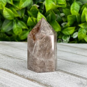 May include: A faceted, smoky quartz crystal point. The crystal is a light brown color with darker brown inclusions and striations. The crystal is standing upright on a white wooden surface, with green foliage in the background.