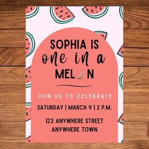 One in a Melon First Birthday Party Customizable Downloadable Invitation