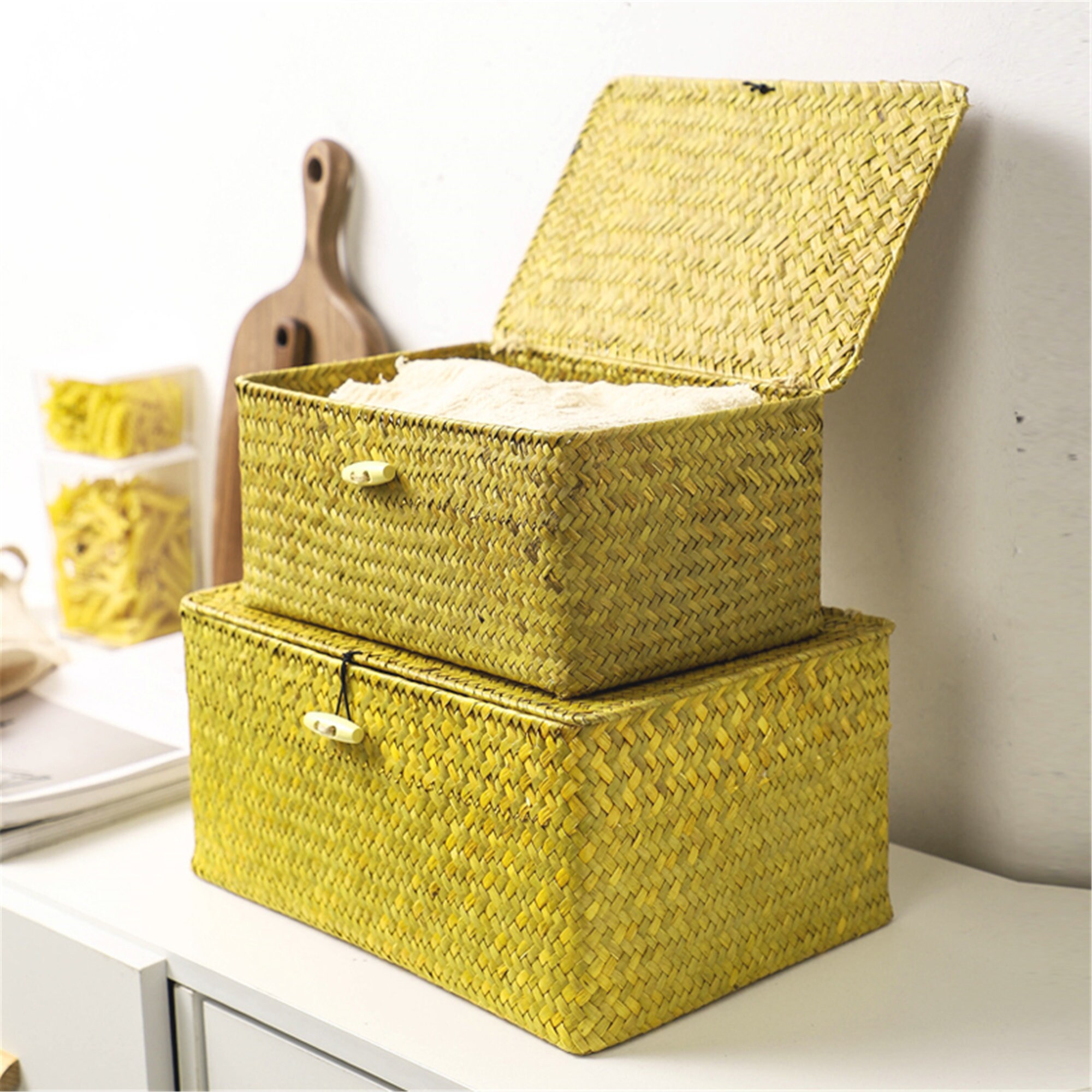 Hand Woven Straw Basket With Cover Straw Square Basket House Etsy UK