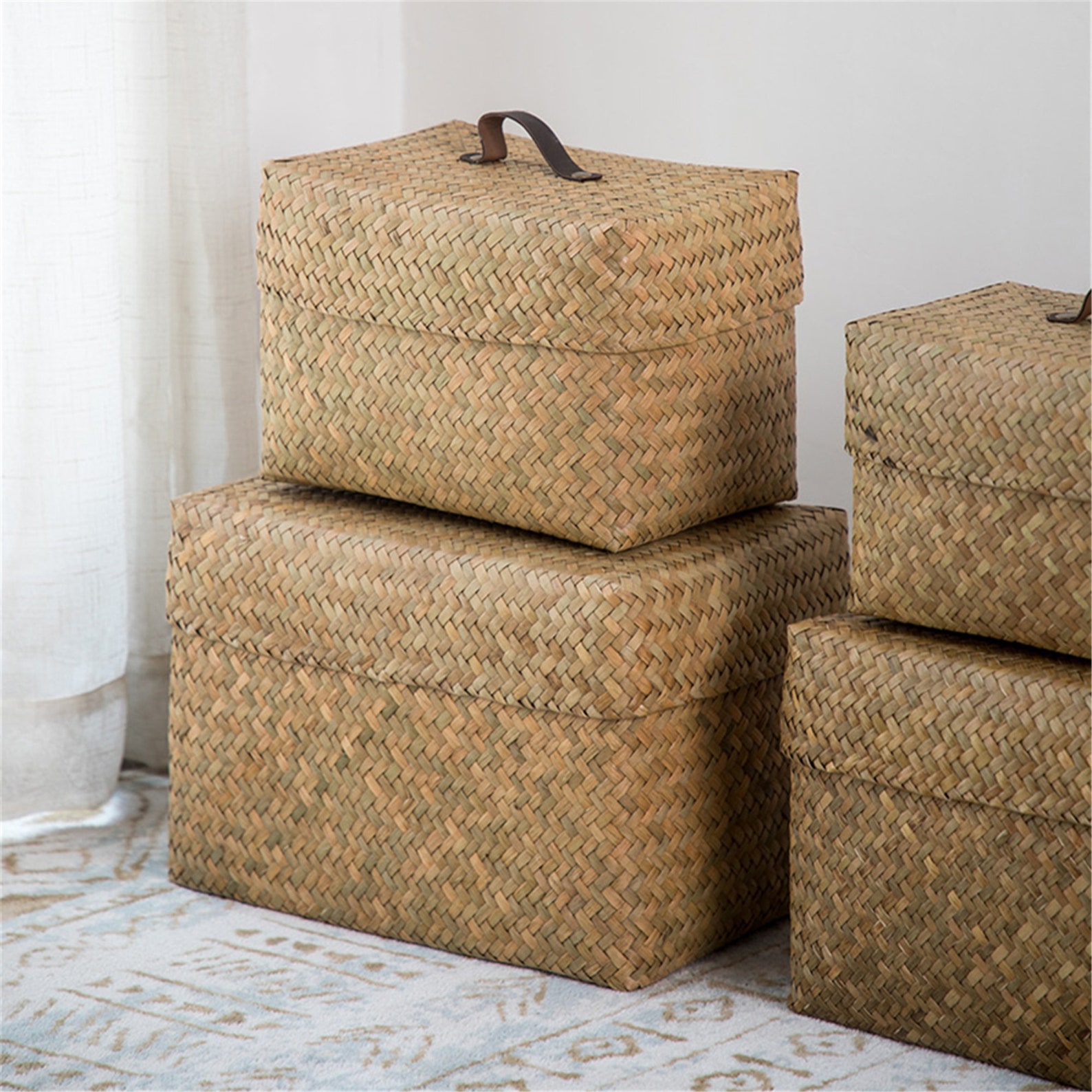 Hand woven straw basket with cover straw square basket house Etsy