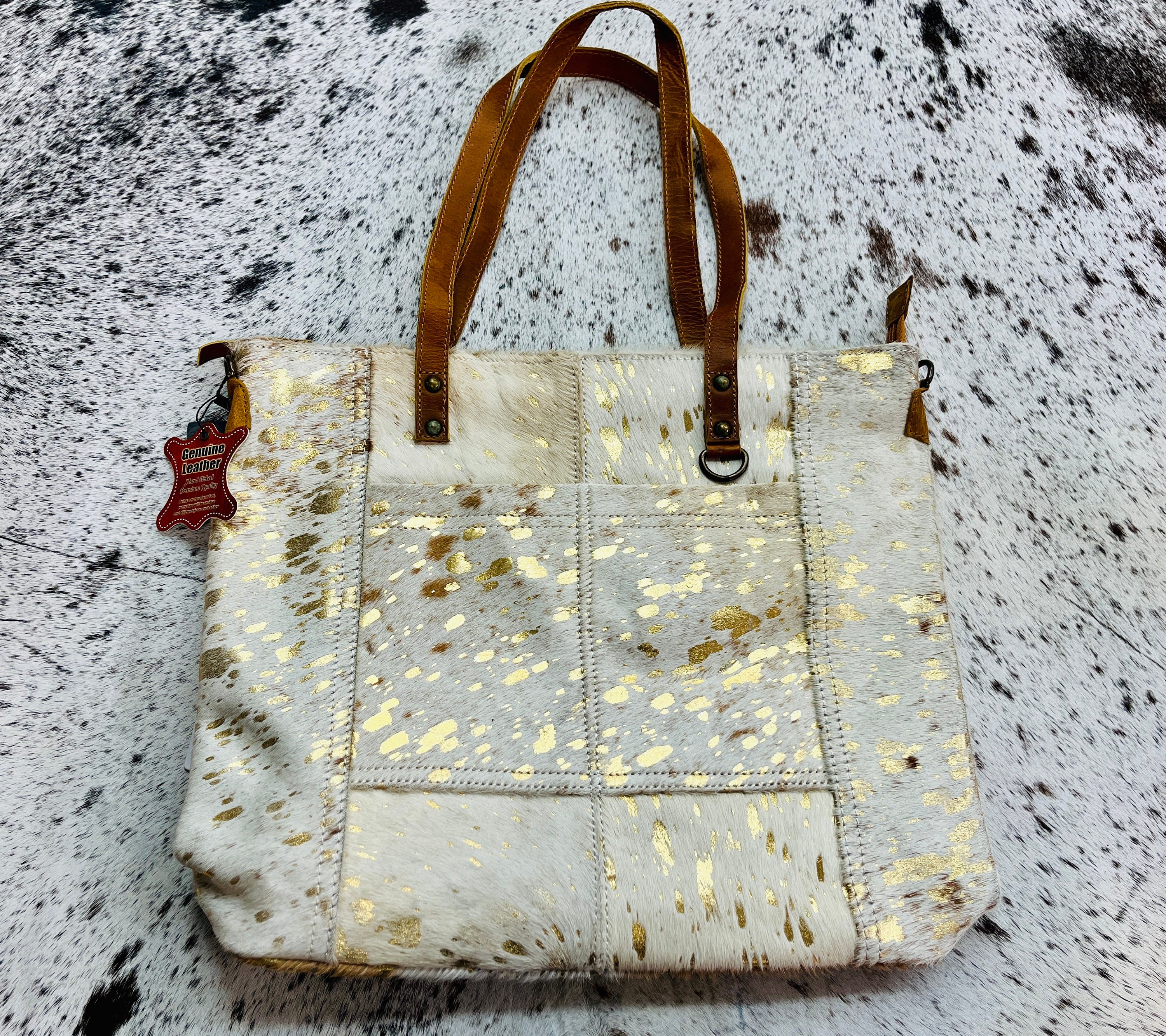 Myra Bag, Bags, Nwt Myra Bag White Cowhide Gold Acid Splatter Shoulder Bucket  Bag Purse