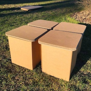 Cardboard stools. Picnic stools. Camping stools. Set of 4 pieces. Easy to use. Temporary furniture. Camps furniture.