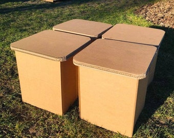 Cardboard stools. Picnic stools. Camping stools. Set of 4 pieces. Easy to use. Temporary furniture. Camps furniture.