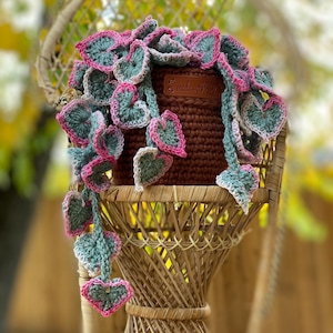 May include: A crocheted plant hanger with pink and green leaves hanging from a brown crocheted pot. The pot has a brown leather tag that says "made with love". The plant hanger is sitting on a wicker chair.