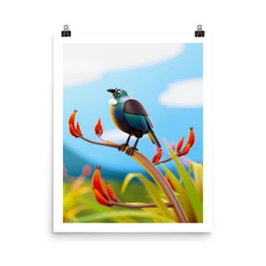 Tui on Flax 3D Style Bird Illustration Wall Art Print Poster