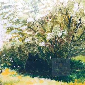 Black Cat under Tree - Watercolor Art Print