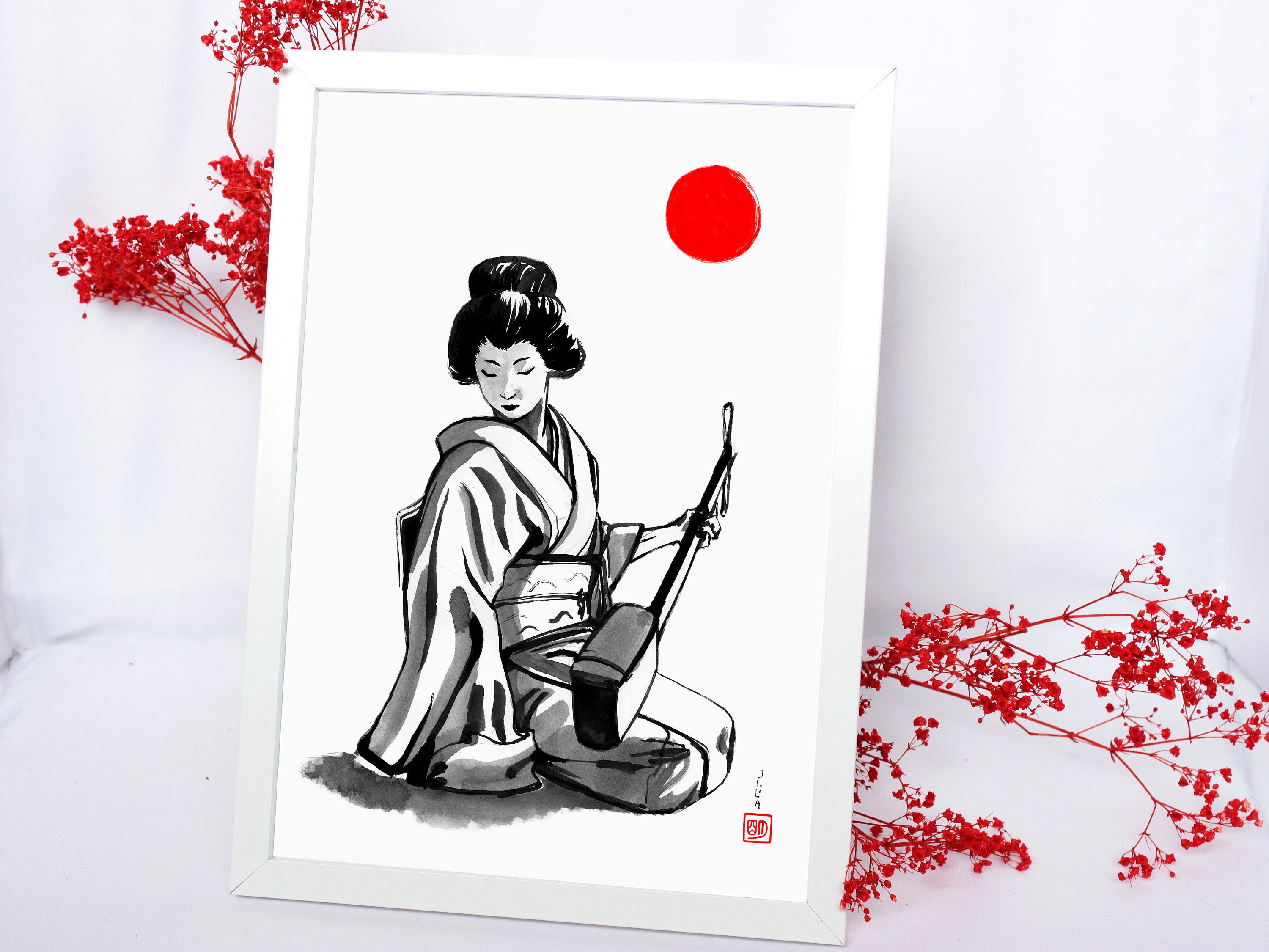 Yokai Japanese Geisha Oriental Asian Ink Watercolor Sumie by Lummo Art