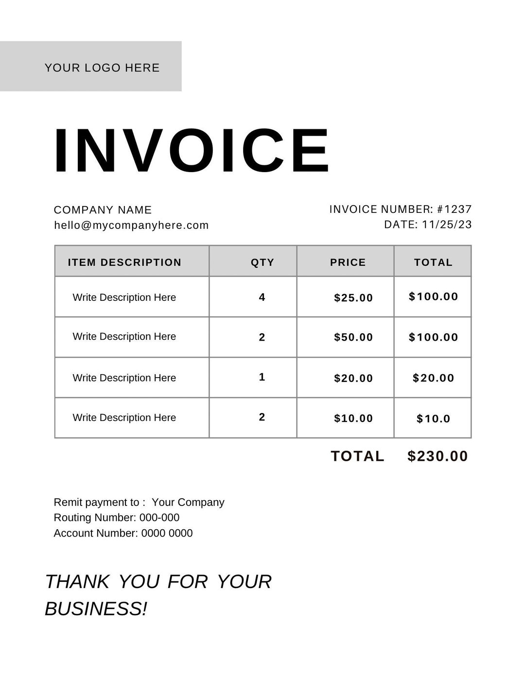 Minimalist Invoice Template, Modern Client Invoice, Editable PDF ...