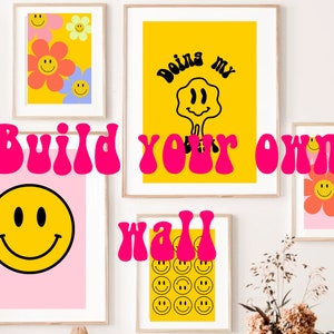 Impresión sonriente ácida retro rosa y amarilla - Minimalista estético - Descargable - A5 A4 A3 - Paquete de ocho impresiones - Impresión digital - Retro