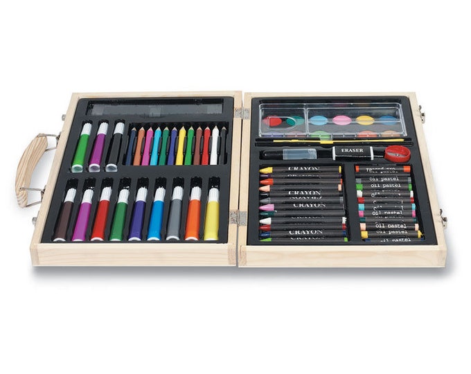 Personalized 66-Piece Artist Set in Engraved Wooden Box - Complete Art Kit with Crayons, Pastels, Markers, Watercolors, and More