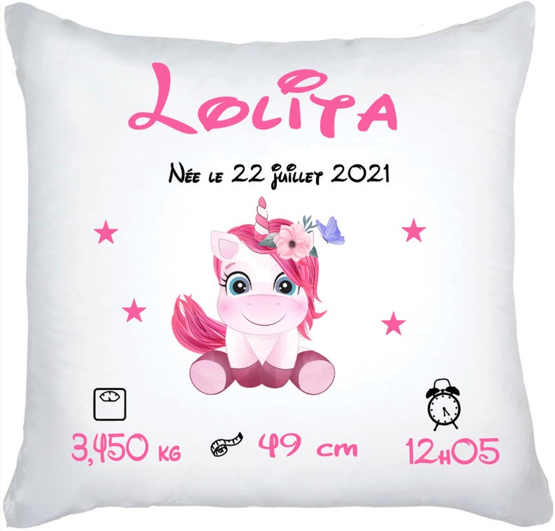 Personalized birth unicorn cushion image 1