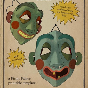 May include: A printable template for two papier-mâché masks. The masks are green and blue with red and orange accents. The text on the page reads "Papier-Mâché Mask", "PDF download", "a Picnic Palace printable template", and "recycle the cardboard from one large cereal box!"