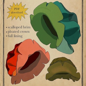 May include: A sewing pattern for a Bard Hat, showing three different views of the hat. The hat has a scalloped brim, pleated crown, and full lining. The pattern is available as a PDF download.