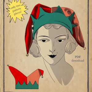 Könnte beinhalten: Ein Vintage-Schnittmuster für eine Jingle-Mütze, eine rote und grüne Mütze mit einer spitzen Krone. Das Schnittmuster stammt von Picnic Palace und benötigt nur zwei Teile. Das Bild zeigt eine Frau, die die Mütze trägt.