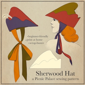 May include: An illustration of a Sherwood Hat sewing pattern. The hat is depicted in two views, showcasing a red, purple, and olive green design with a white feather. The image includes the text "beginner-friendly", "print at home", and "scrap-buster".