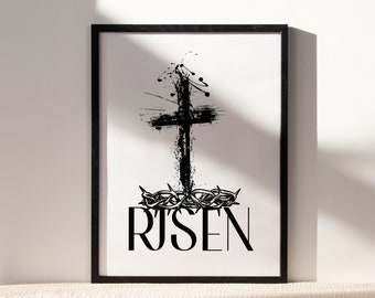 Risen Print| Christian Art Print| Biblical Verse|Christian Print| Minimalist Wall Art|Oak Wood|Religious Quote| Crown Of Thorns | Gift Ideas