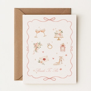 Pode incluir: Um cartão de felicitações com tema de casamento com um envelope castanho. O cartão apresenta ilustrações de taças de champanhe, um bolo, um anel, perfume, um buquê, um envelope e um salto alto. As palavras "Bride To Be" estão escritas no cartão.