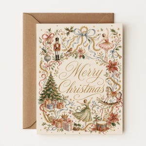 Peut inclure: Une carte de vœux couleur crème avec le texte doré Merry Christmas au centre. Le motif présente une bordure festive composée d'un casse-noisette, d'une ballerine, d'un cheval à bascule, d'un sapin de Noël avec des cadeaux et des rubans.