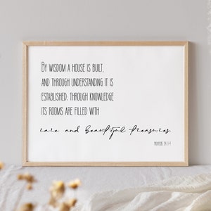 Proverbs 24 3-4 Verse Print|Framed Print|Unframed Print|Biblical Verse|Christian Quote| Minimalist Wall Art|Oak Wood Frame|Religious Quote